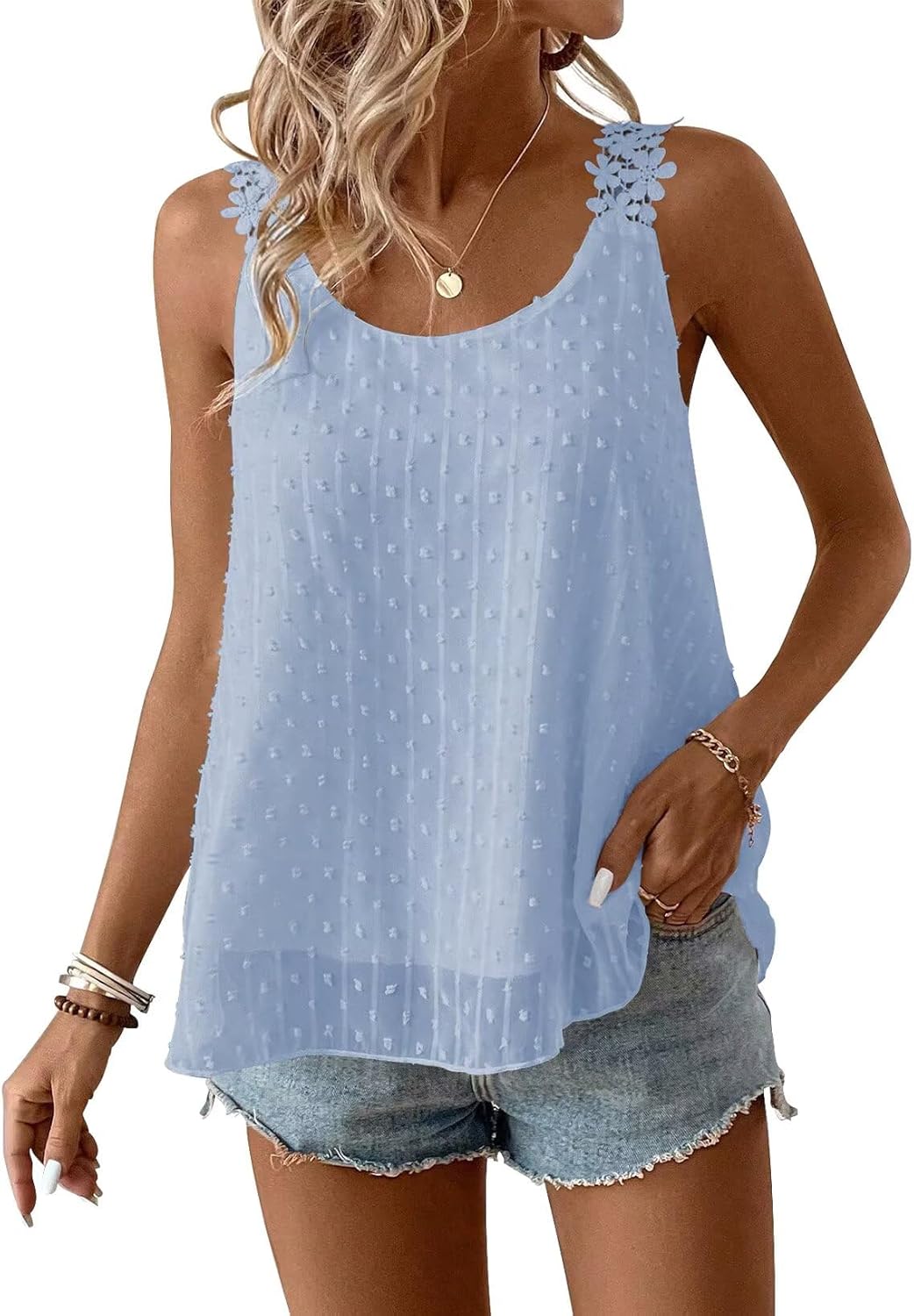 Womens Tank Tops Flowy Sleeveless Summer Boho Tank Top for Women Casual Crewneck Strap Lace Camisole Shirts