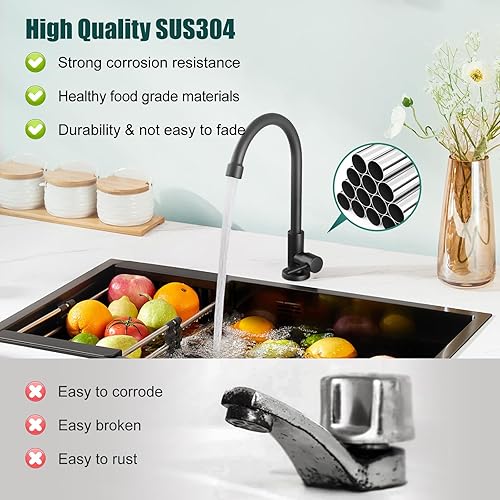 Miniatura 5 de Heyalan Grifo de cocina negro mate solo grifo de cocina SUS304 Grifos de fregadero de arco alto cuello de cisne de rotación de 360 grados grifo de