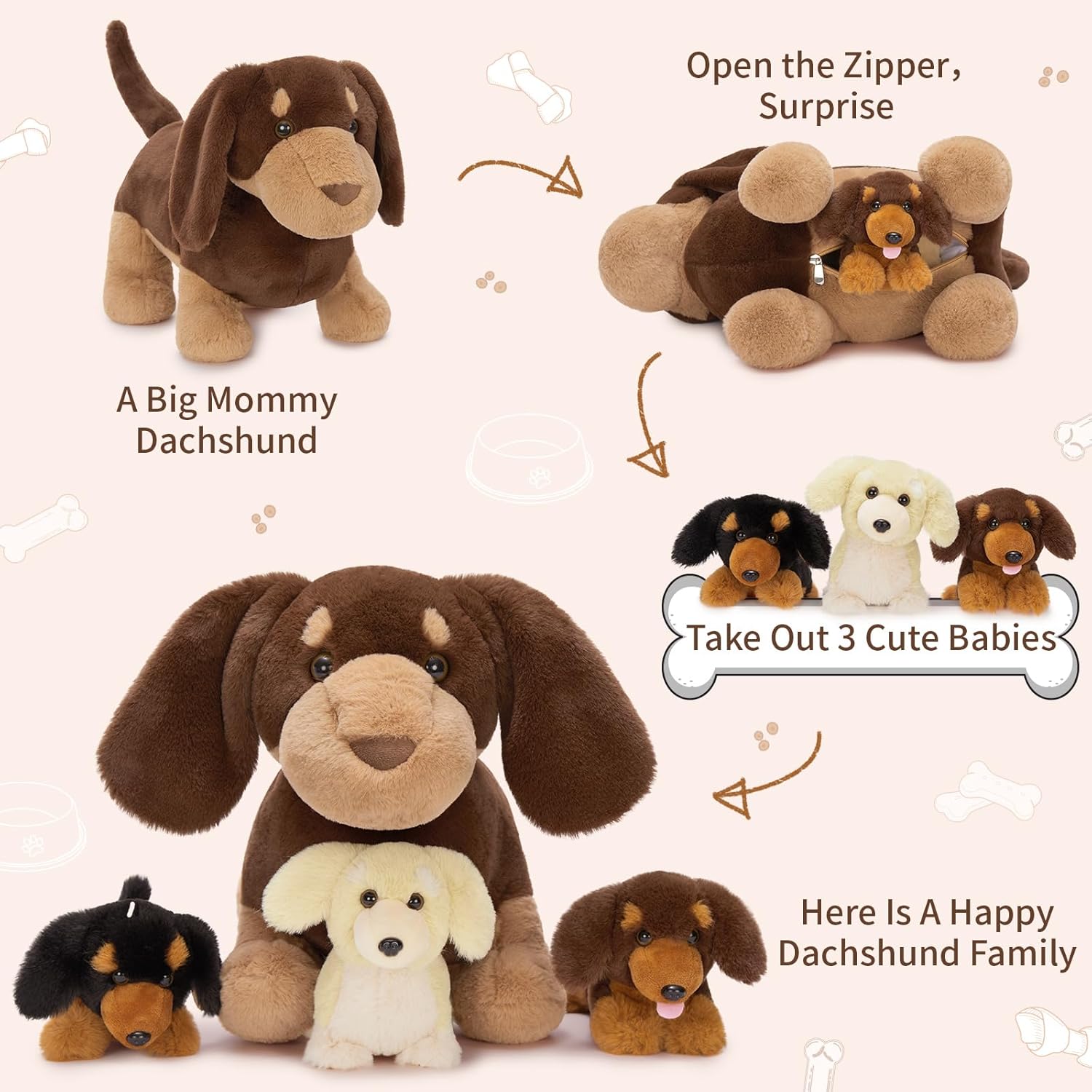 Tezituor Dachshund Dog Stuffed Animal with 3 Babies,18" Weiner Dog Plush Toy Realistic Puppy Stuffed Animal Birthday Gifts for Kids Girls Boys