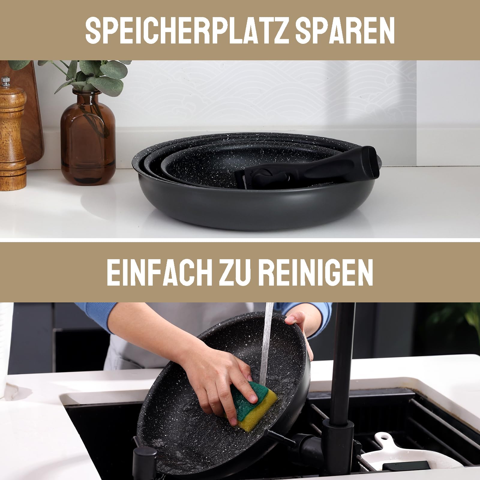 Fadware Juego de sartenes de inducción con mango extraíble, para todo tipo de cocinas, sartenes 4 piezas, 20 cm+24 cm+28 cm, antiadherente, aptas para horno, fácil limpieza