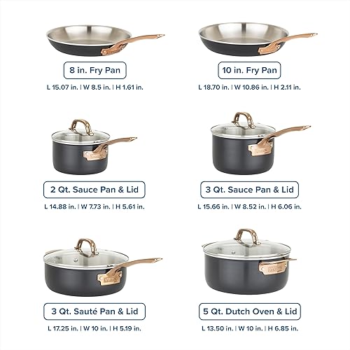 Miniatura 4 de Viking Juego de utensilios de cocina de 3 capas, 10 piezas de acero inoxidable con tapas de vidrio, apto para horno, listo para inducción, negro con