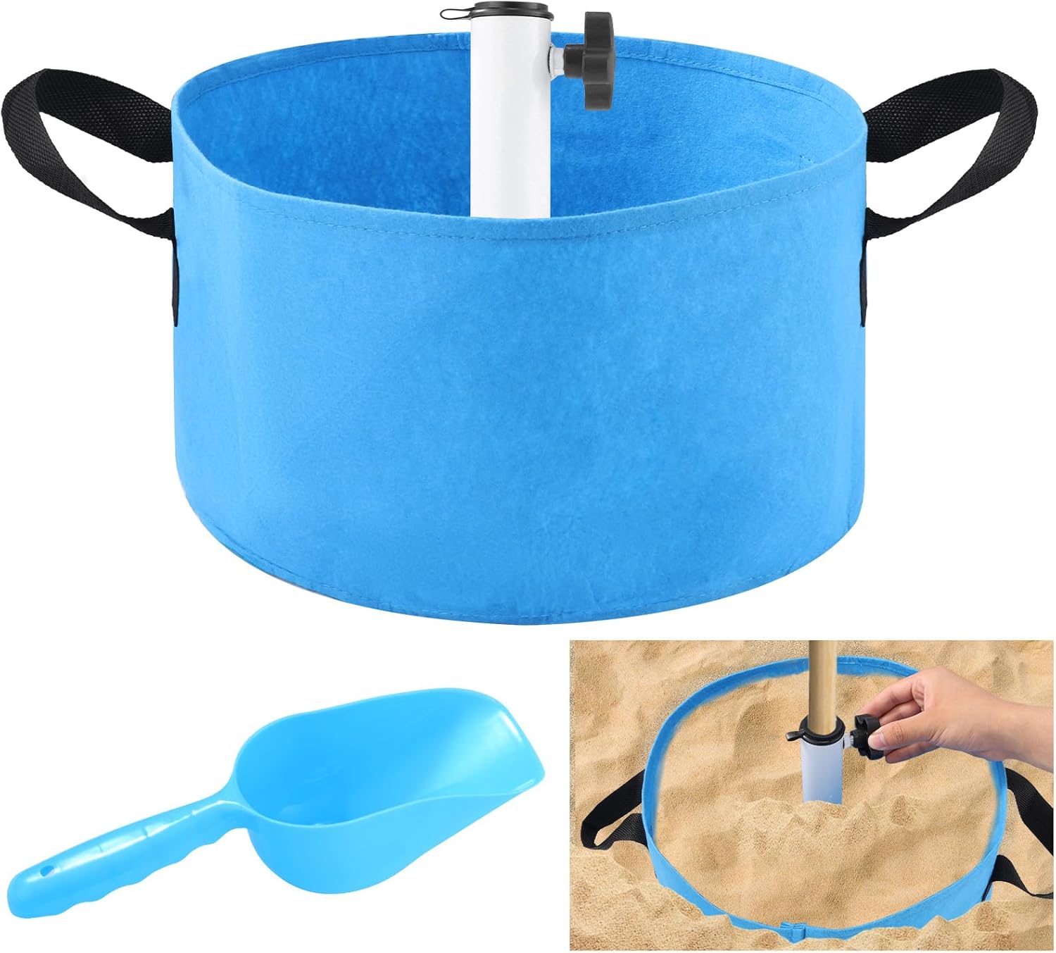 Beach Umbrella Base Weight Bag Hold up to 35 lb Sand, Thick Fillable Umbrella Sand Bags with Shovel Stainless Steel Beach Umbrella Base Sand Anchor Stand for Most Sun Umbrellas