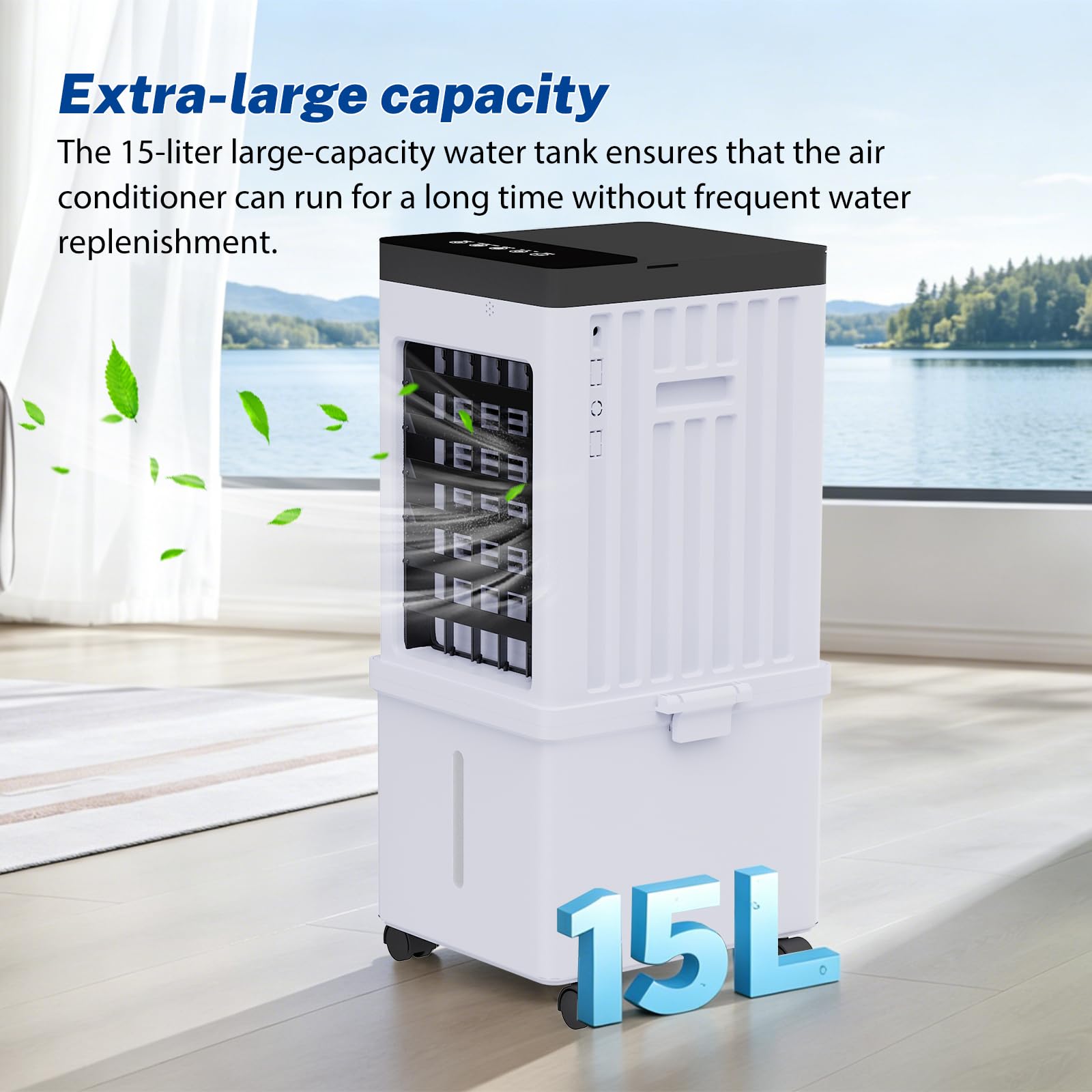 3-in-1 Ventilator & Luftbefeuchter mit Fernbedienung, tragbar 15L Wasserkühlung – 3 Geschwindigkeiten & 3 Windmodi – 120° Schwenk & 7.5h Timer – Kompakte Kühlbox für Wohnzimmer Schlafzimmer