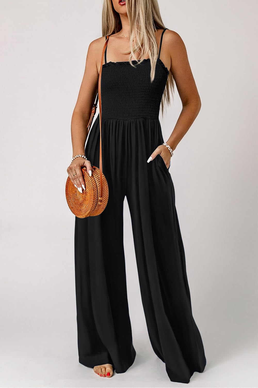Women's Summer Casual Jumpsuits One Piece Outfits Square Neck Sleeveless Spaghetti Strap Wide Leg Rompers with Pockets - Image 2