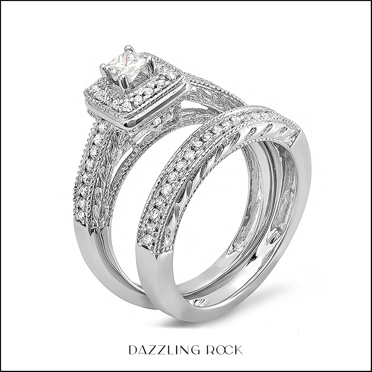 Dazzlingrock Collection 0.75 Ctw Princess & Round Natural Diamond Women Bridal Ring Set Halo Set White Real Solid Gold