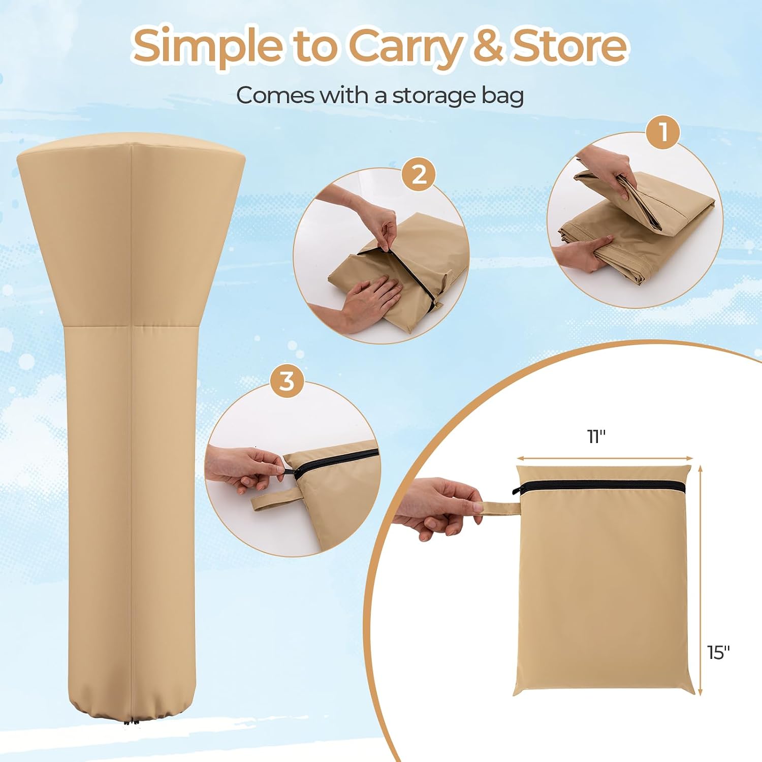COSTWAY Patio Heater Cover, Waterproof Outdoor Heater Cover with Zipper and Storage Bag, Sun Snow Resistant Dustproof Cover for Tabletop Propane Heater Outdoor, 87"H x 34"D x 19"B, Beige