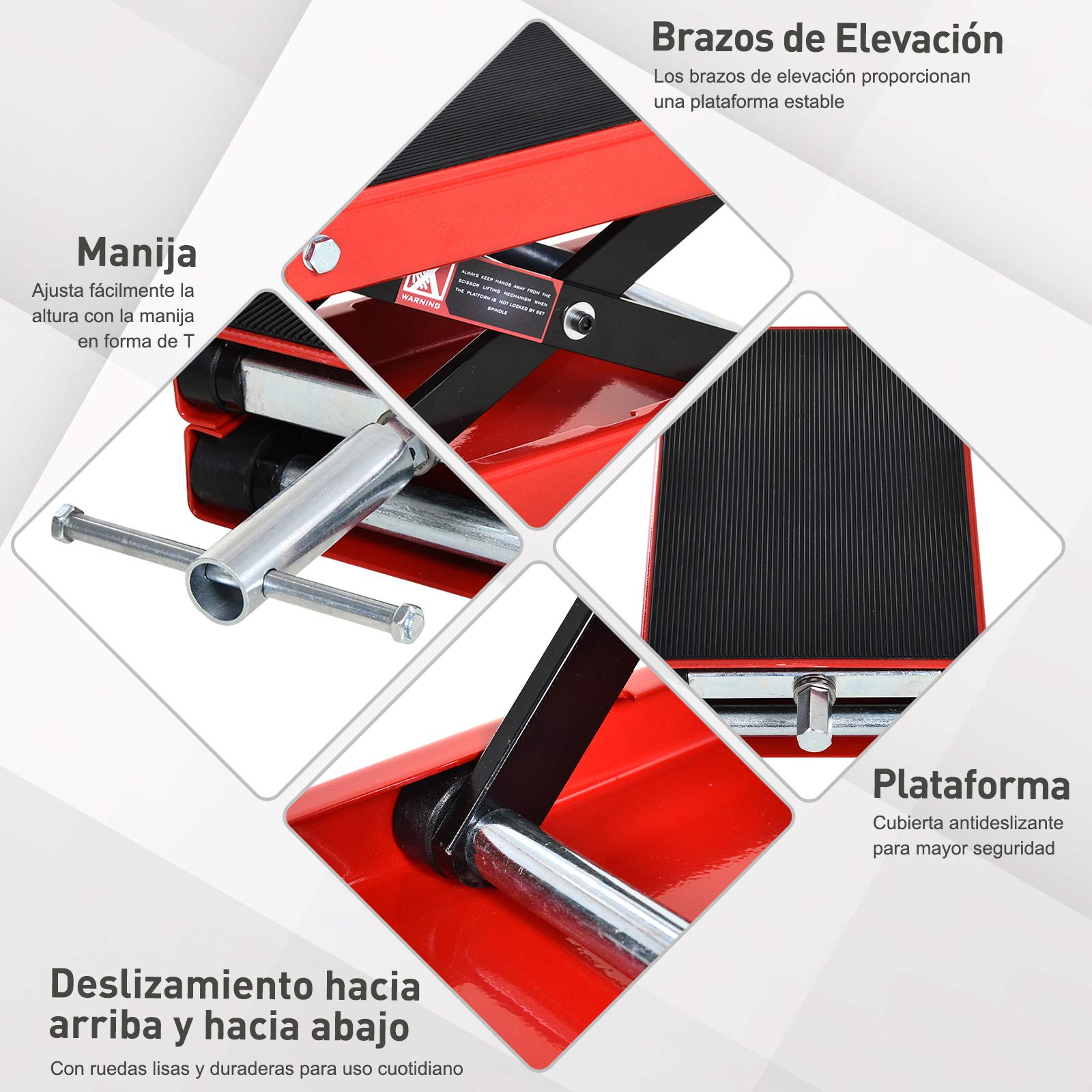 DURHAND Plataforma Elevadora de Tijera Carga 500 kg Altura Ajustable 10-37 cm Soporte para Motocicletas Soporte de Moto para Aparcar o Reparar Taller Garaje 41,5x23,5x10-37 cm Negro y Rojo