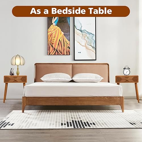 Miniatura 8 de Ahoukua Mesita de noche moderna de mediados de siglo con cajón, mesitas de noche marrón con almacenamiento, diseño geométrico tallado, mesa auxiliar