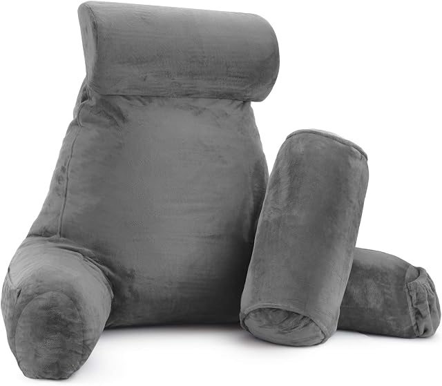Clara Clark Reading Pillow Adult, Back Pillow for Sitting in Bed - Shredded Memory Foam Reading & Bed Rest Pillow with Arms and Pockets - Bed Pillows for Sitting Up in Bed - Large, Gray