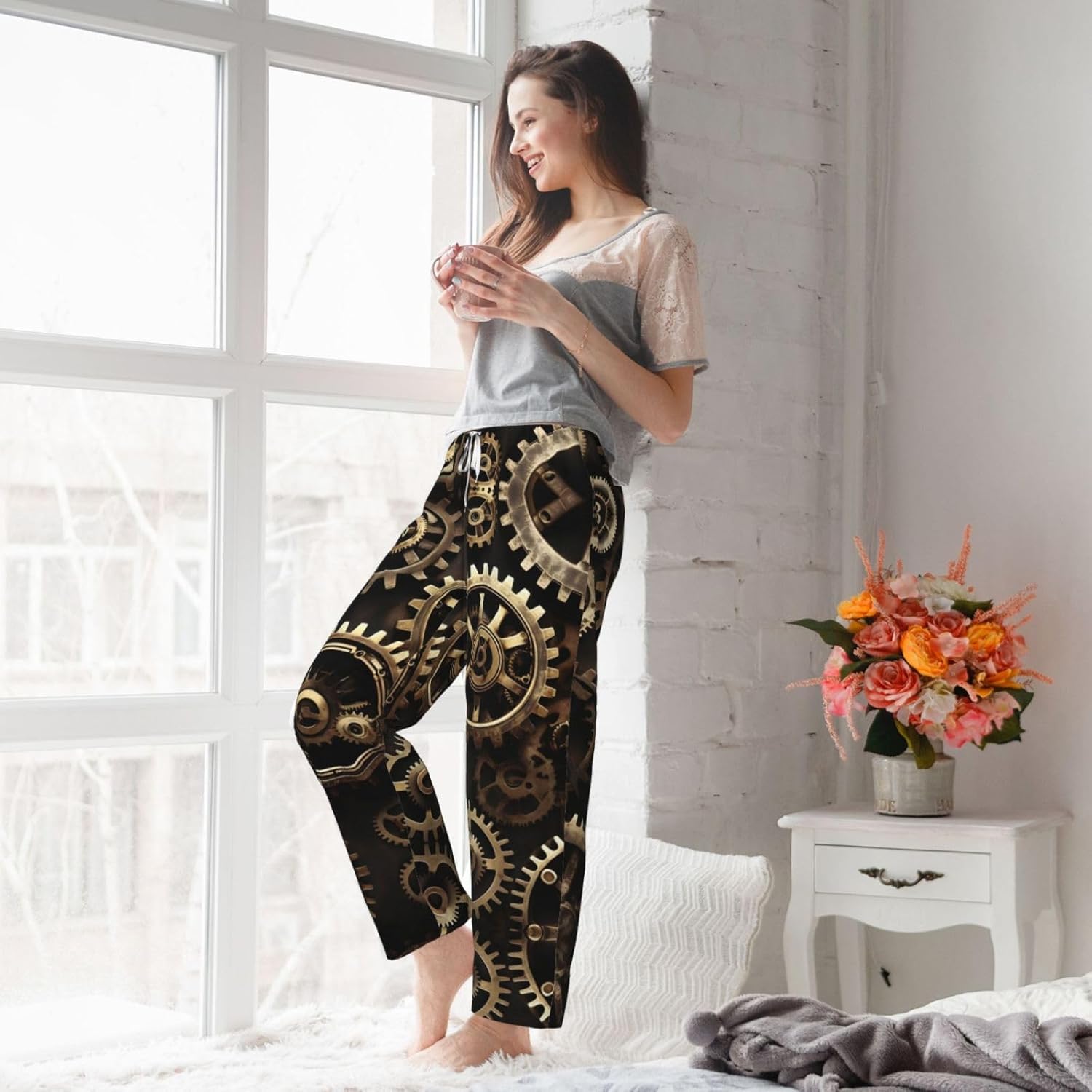Cool Steampunk Gears Print Cozy Flannel Pajama Pants For Women,Warm Christmas Pj Pants,Cute Fleece Pajamas