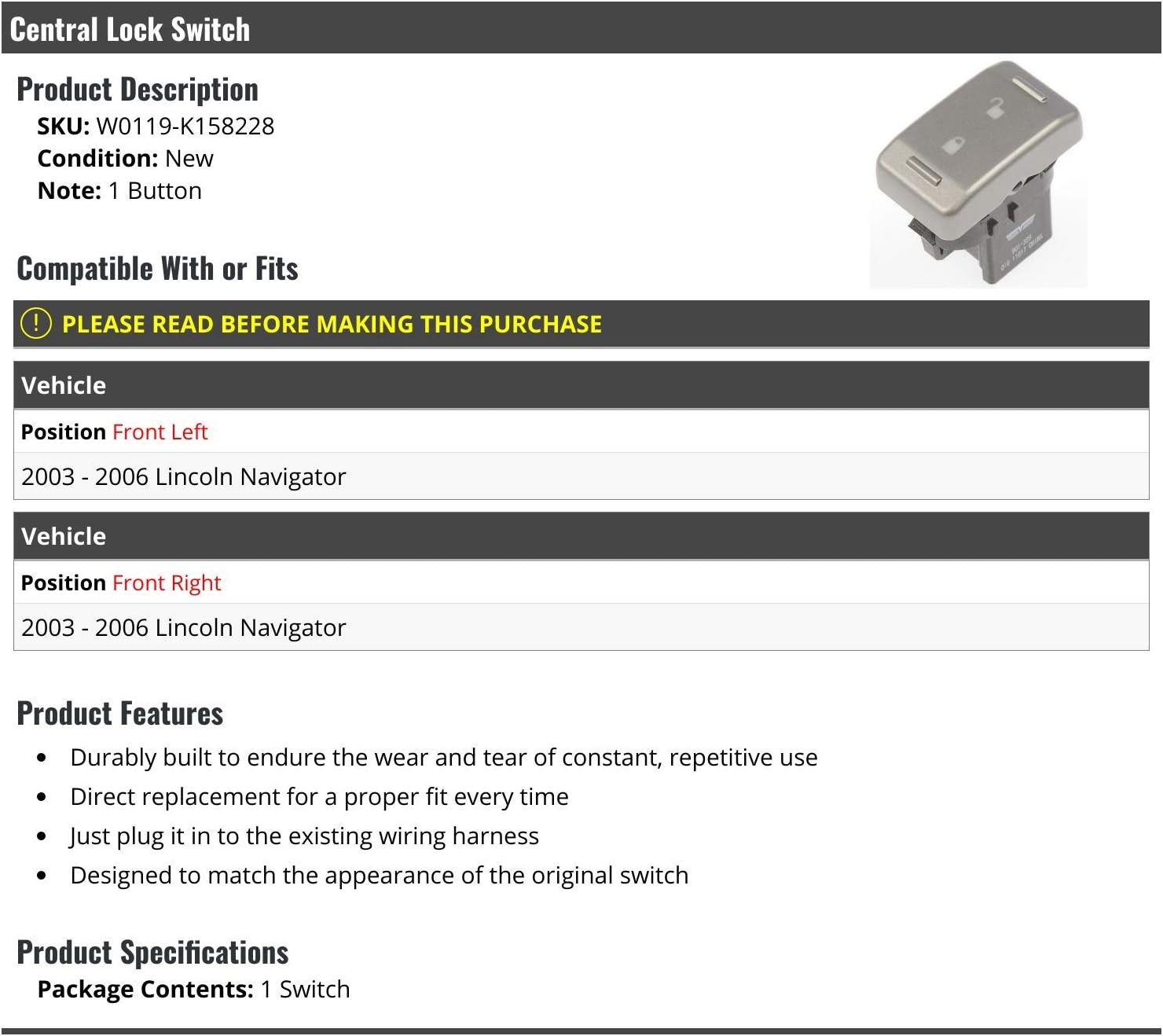 Marketplace Auto Parts - Central Lock Switch - Compatible with 2003-2006 Lincoln Navigator