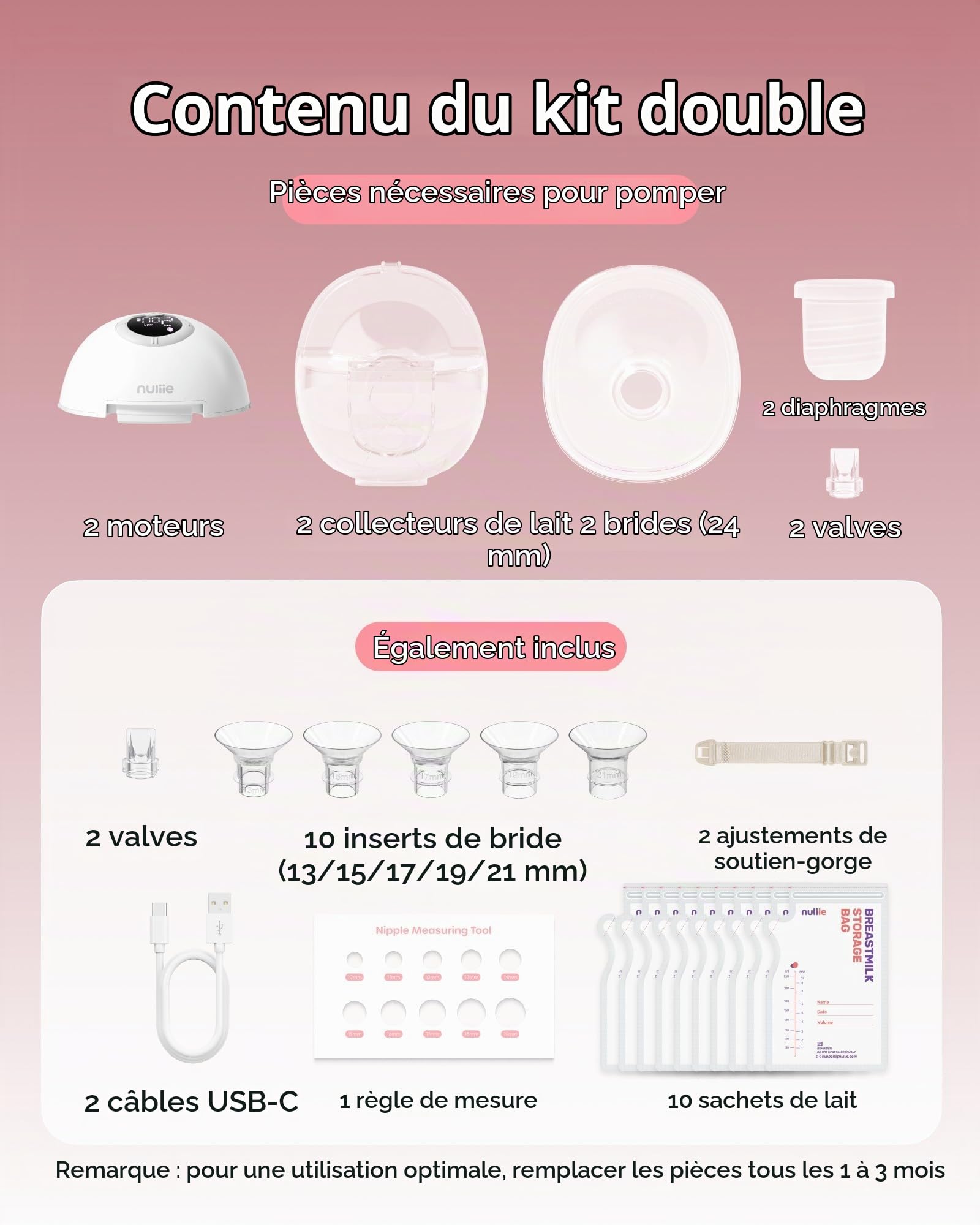 Nuliie Tire Lait Electrique Main Libre S32, Tire Lait Main Libre avec 4 Modes, 9 Niveaux, Fonction Mémoire, Extracteur de Lait Rechargeable avec Affichage LED, Poids léger - 24mm (2 Pack, Rose)