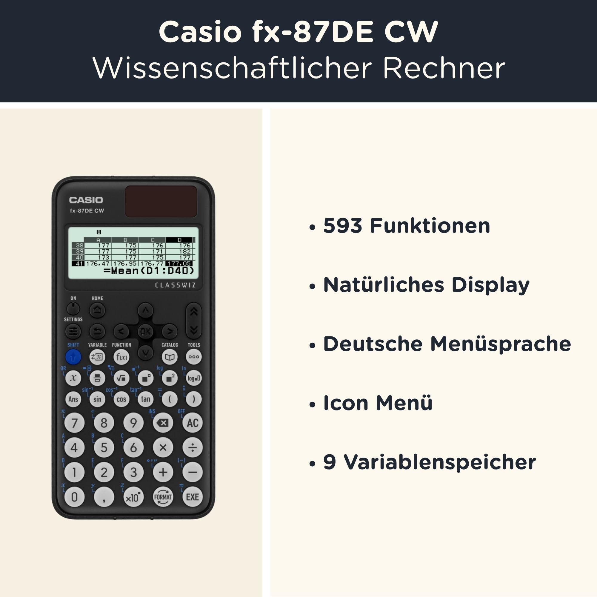 Casio fx-87DE CW ClassWiz inkl. WYNGS Schutztasche Schwarz - Wissenschaftlicher Taschenrechner - Basic Set