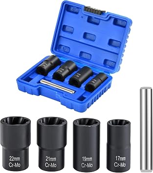 Twist Socket Set Lug Nut Remover Extractor Tool 5 Piece Metric Bolt and Lug Nut Extractor Socket Tools ,ith Center Punch Bar (17mm - 22mm)