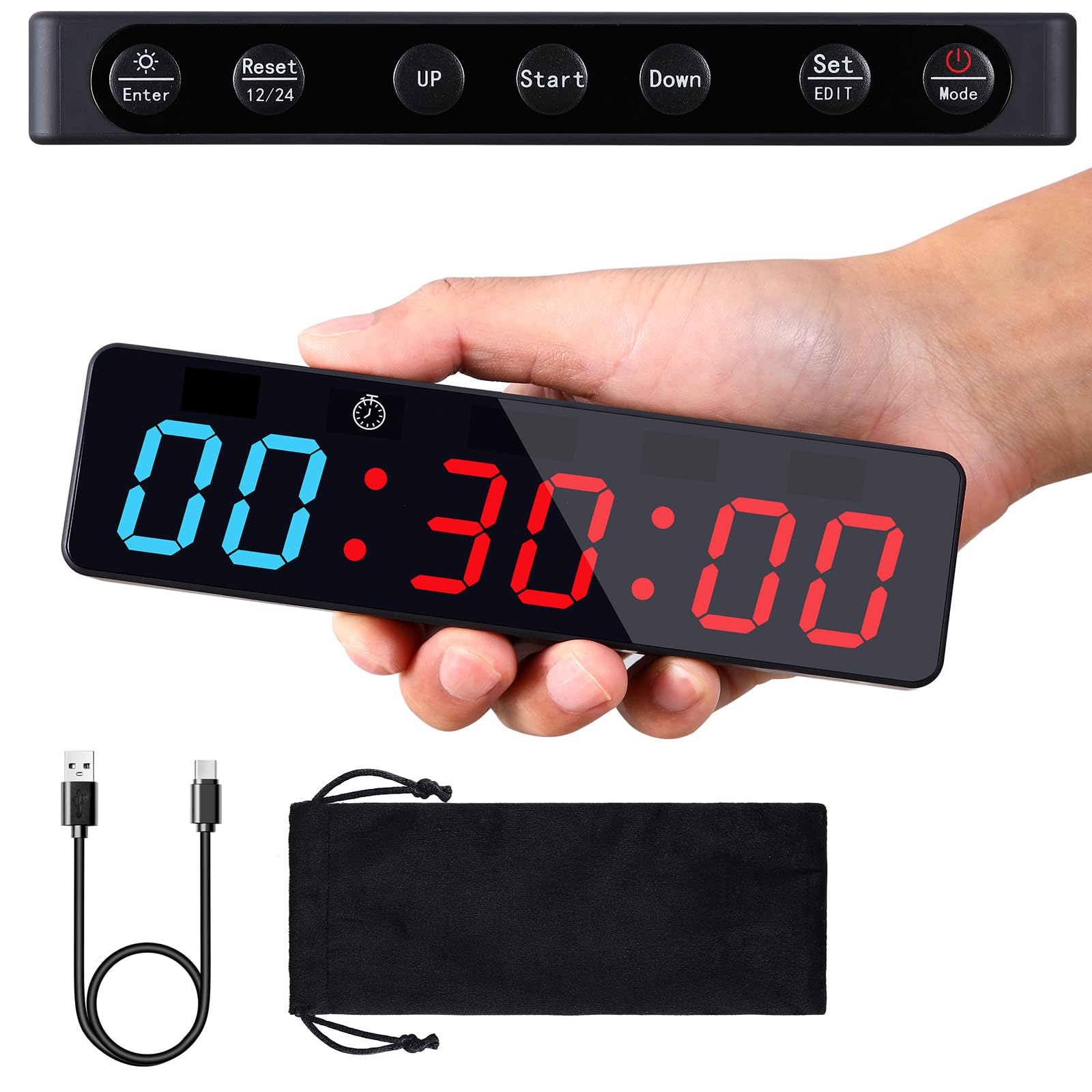 PELLOR Temporizador Multifunción para Gimnasio - Portátil Reloj Cronómetro LED con Potente Imán, 5 Niveles Brillo, Cuenta Regresiva/Progressiva (Azul Rojo)