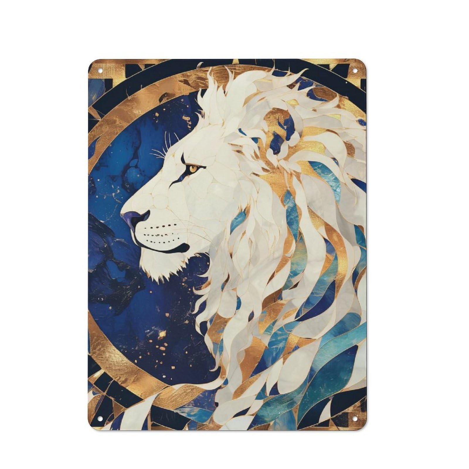 Junmoney Style Lion Portrait In Blue And Gold Rustic Metal Wall Sign 40X30cm For Workshop Wall, Suited To Makers And Diy Enthusiasts