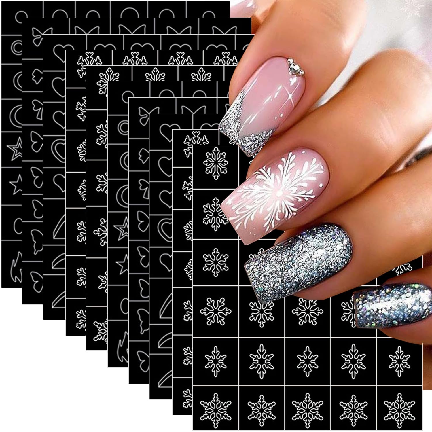 10 Sheets Christmas Nail Art Stickers, Butterfly Heart Bow Stars Moon Snowflakes Nail Stencils Stickers for Nail Art Xmas Design Snowflakes Nail