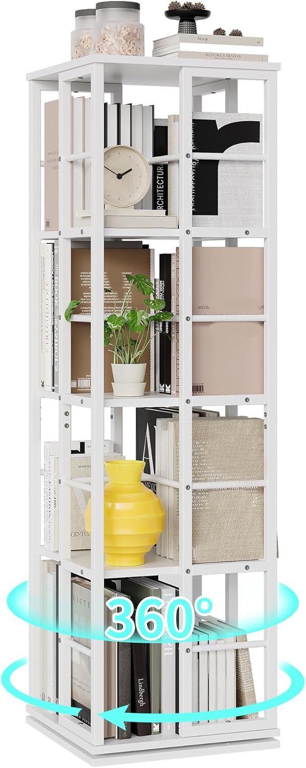 Garvee 4-Tier Rotating Bookshelf for Small Spaces, 360° Spinning Bookcase with Corner Design, Wood Revolving Storage Organizer & Display Shelf for Living Room, Bedroom, Home Office (White).