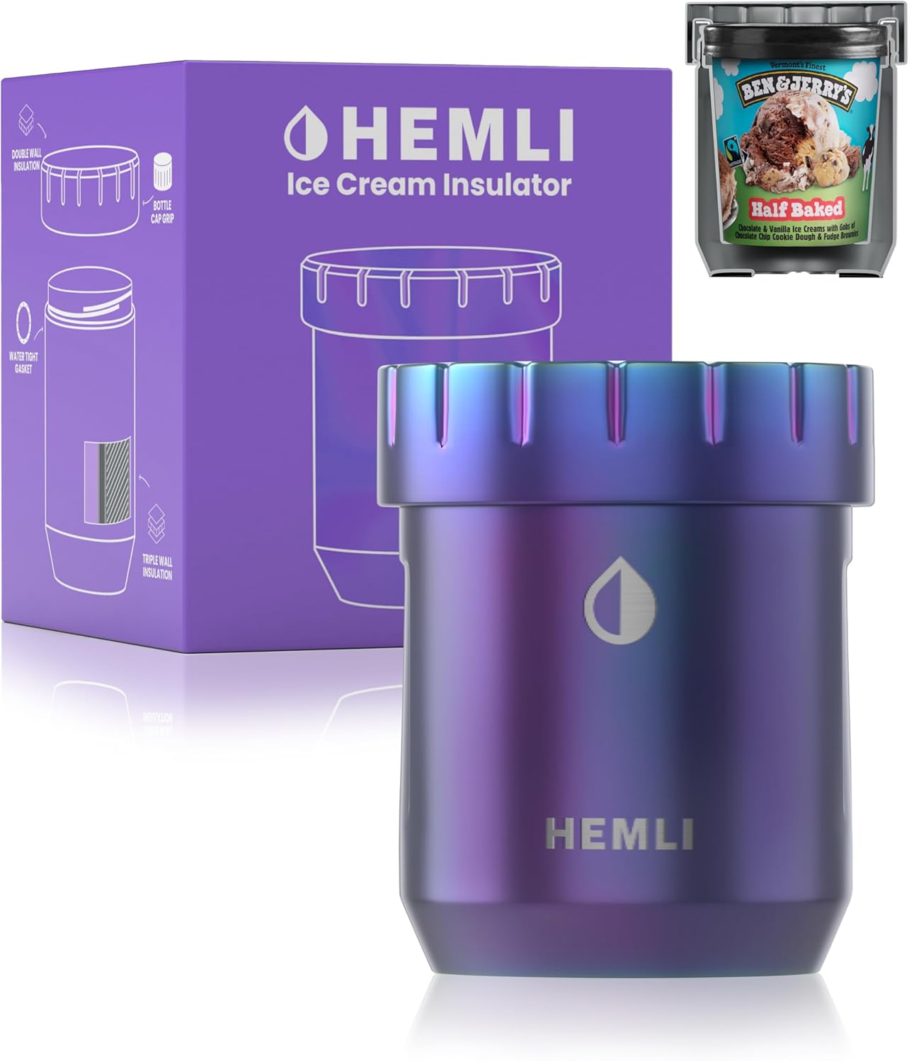 Ice Cream Pint Cooler, Fits All Standard Ice Cream Pints, Vacuum Insulated Stainless Steel, Leakproof Lid with Silicone Seal, Non-Slip Bottom, Keeps Ice Cream Frozen for Hours, Canteen with Grip Lid