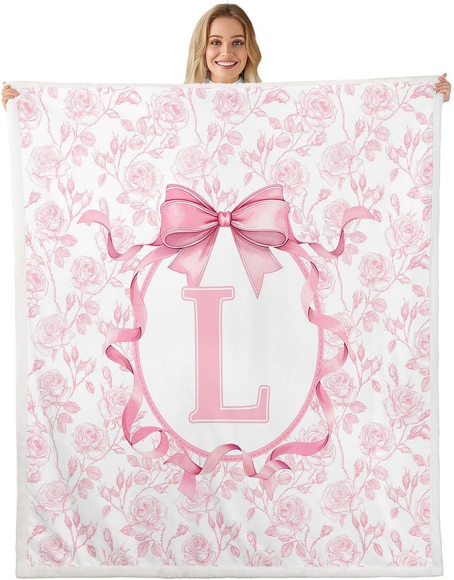 Coquette Pink Bow Flower Fleece Throw Blanket For Kids Girls Boys Monogram Initial L Sherpa Blanket Baby Size,Coquette Spring Floral Fuzzy Plush Personalized Cartoon Bowknot Toddler Blankets