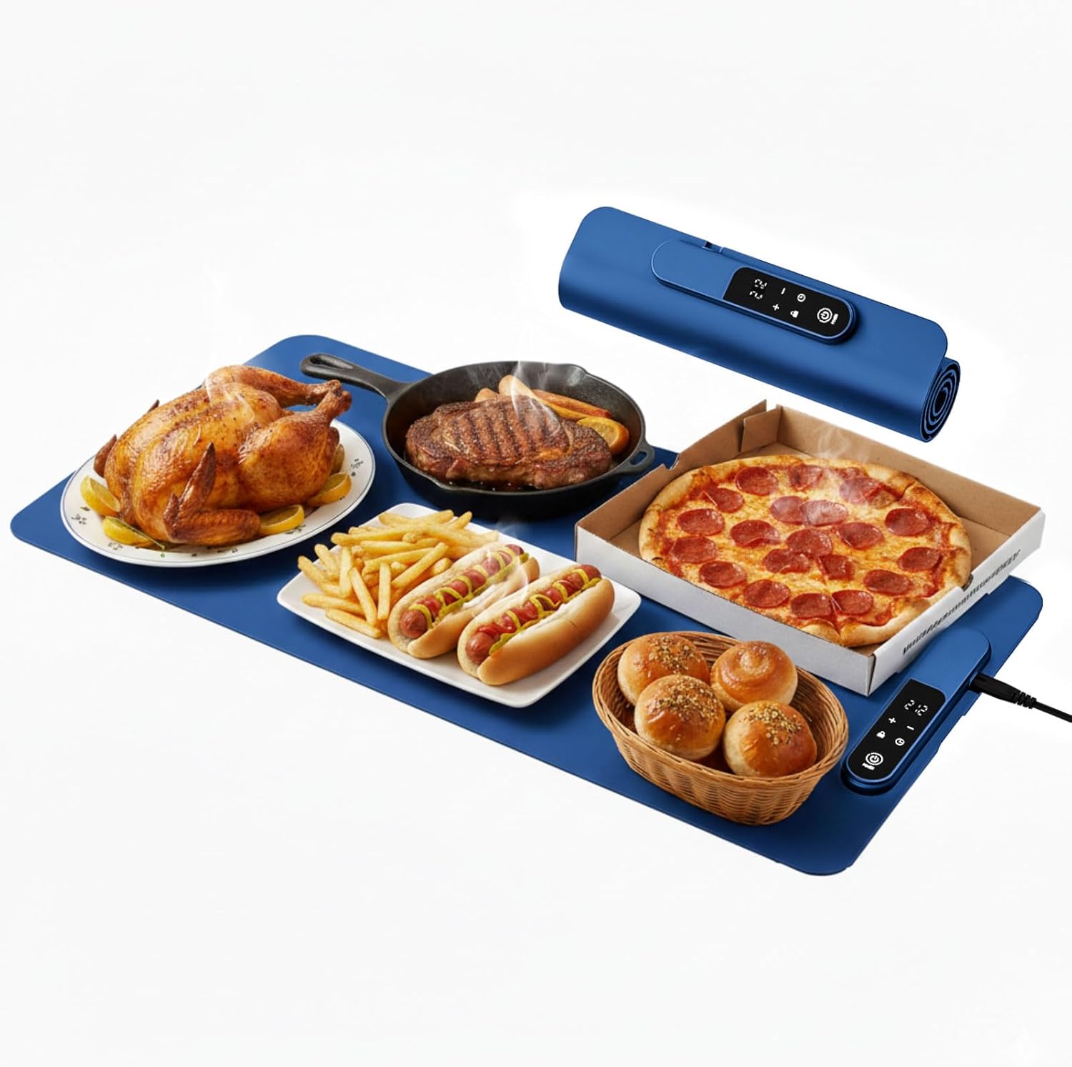 Warming Mat for Food - Fast Full Surface Electric Warming Tray with 7 Temp-Settings & 8H Timer, Portable Roll Up Food Warmer with Heat Insulation Pad for Gatherings Parties Buffet XL-Grey