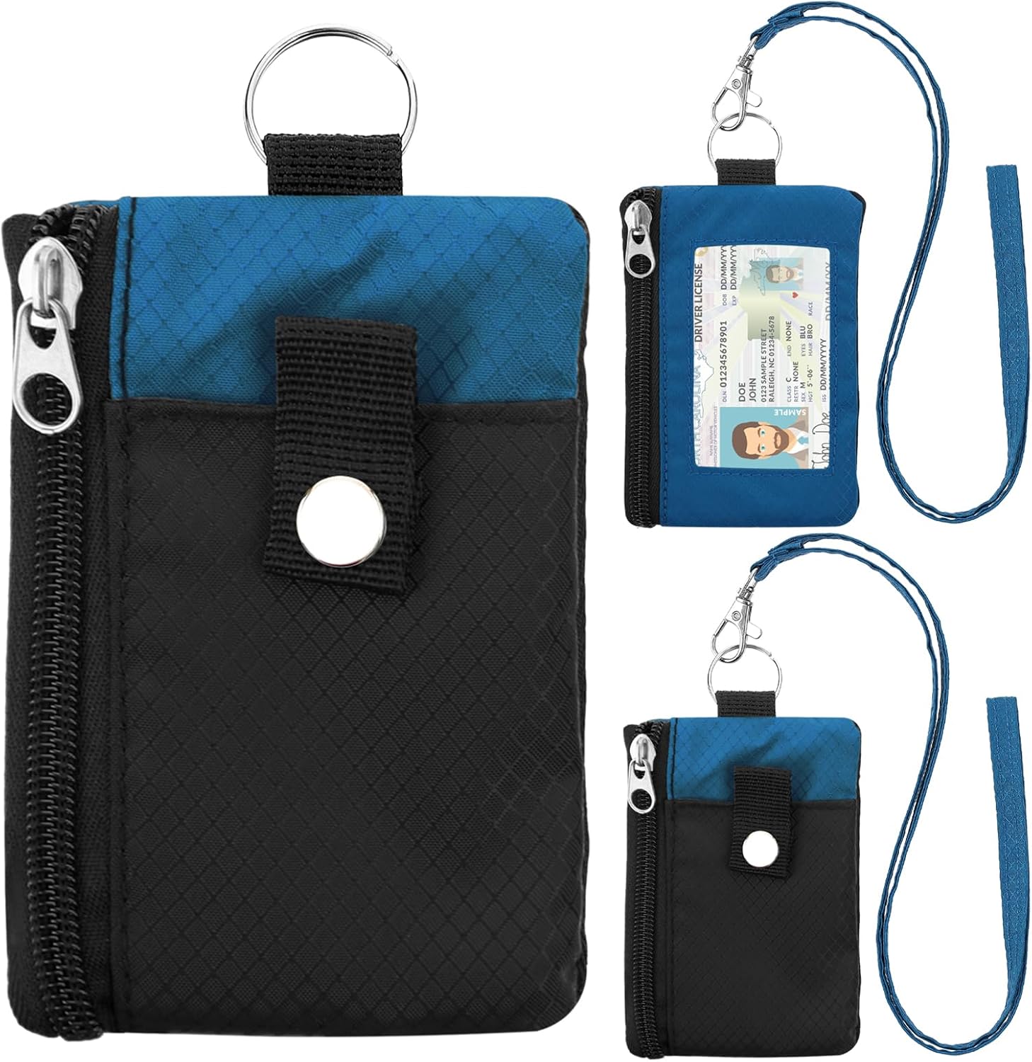 Minimalist Small Wallet for Men Women with 2 Zip Pockets, Multi Functional ID Case with Keychain and Card Holder, Coin Purse Badge Lanyard Pouch for Boys Girls Travel -Black+Blue
