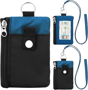Minimalist Small Wallet for Men Women with 2 Zip Pockets, Multi Functional ID Case with Keychain and Card Holder, Coin Purse Badge Lanyard Pouch for Boys Girls Travel -Black+Blue