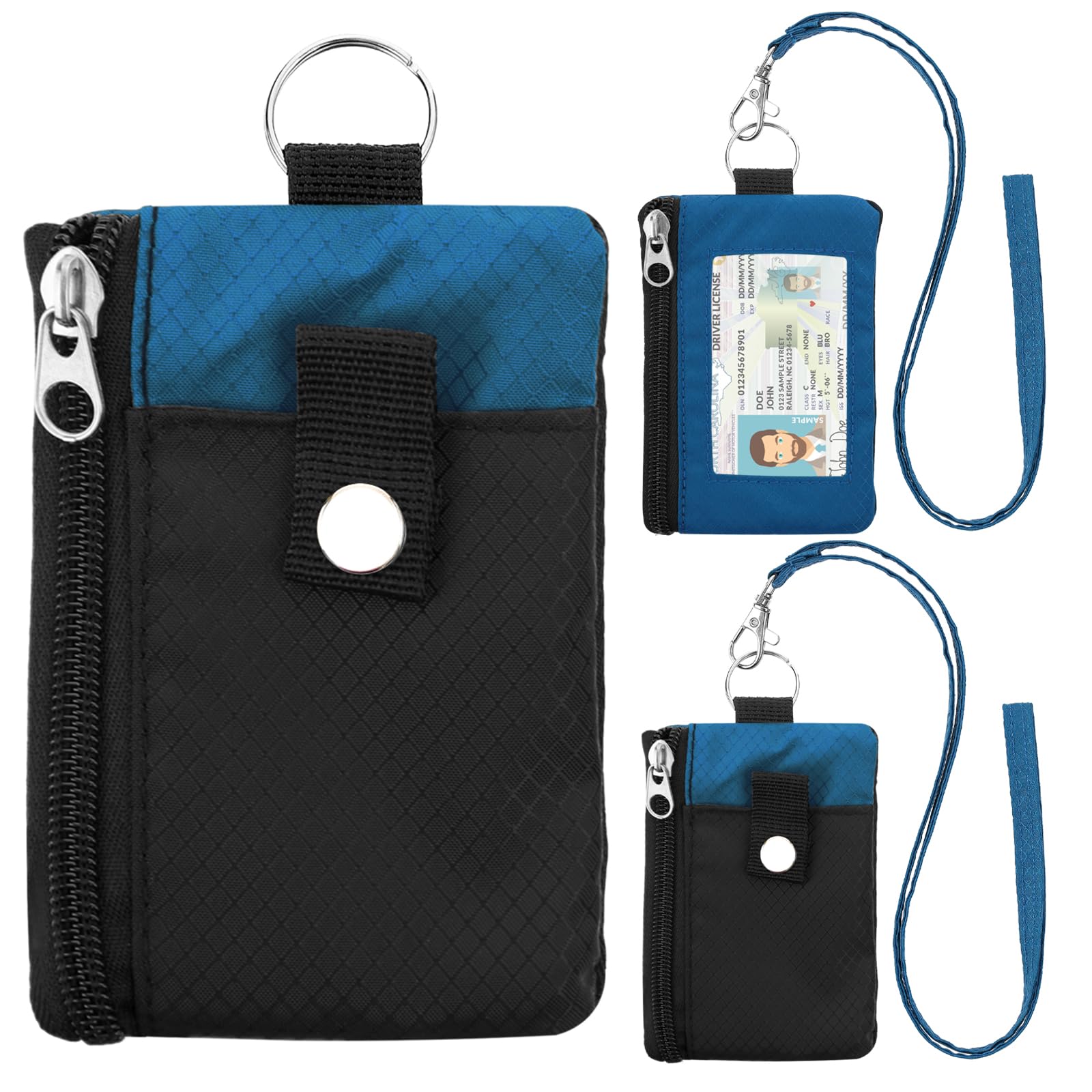 Minimalist Small Wallet for Men Women with 2 Zip Pockets, Multi Functional ID Case with Keychain and Card Holder, Coin Purse Badge Lanyard Pouch for Boys Girls Travel -Black+Blue