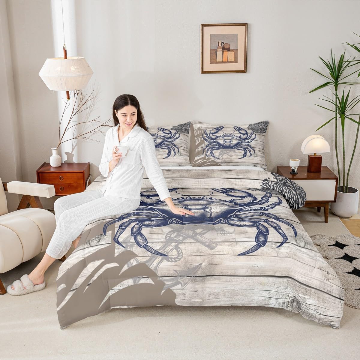 Homewish Crab Print Comforter Set Queen Size Lighthouse and Anchor Bedding Set for Kids Boys Girls Bedroom Decoration Coral Bed Duvet Insert Brown Plank Comforter with 2 Pillowcase