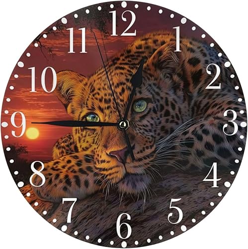 KiuLoam Reloj de pared redondo de leopardo en la puesta de sol, silencioso, sin tictac, funciona con pilas, fácil de leer para estudiantes, oficina,