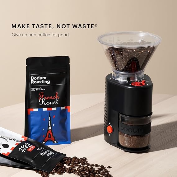 طاحونة قهوة Bodum Bistro Electric Conical Burr ، مؤقت مسبق ، 12 طحن ، أسود