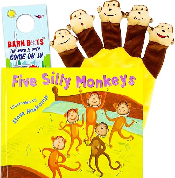 Five Silly Monkeys with Hand Puppet -- A Hand Puppet Board Book Baby Toddler (Includes Door Hanger)