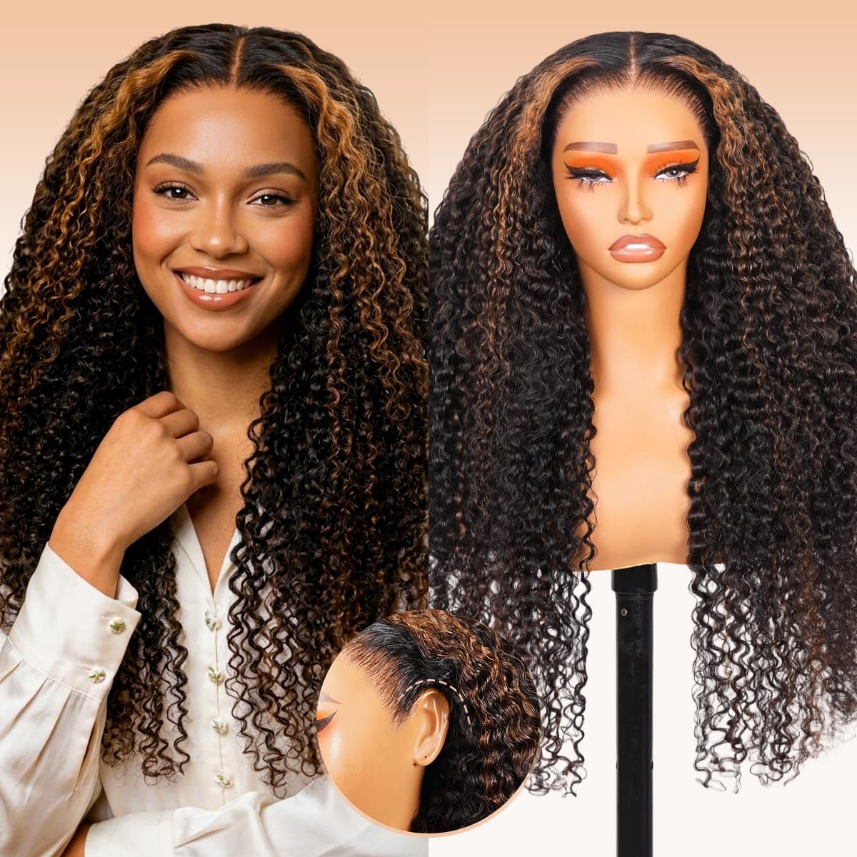 Arabella 13x6 Honey Blonde Ombre Lace Front Wigs Human Hair 220% Density FB/30 Highlight Deep Curly Human Hair 12A Salon-Quality Glueless Wigs Human Hair Pre Plucked Pre Cut 20INCH