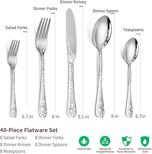 Miniatura 2 de Juego de cubiertos de 40 piezas de acero inoxidable para 8, vajilla pulida con espejo para cocina del hogar, incluye juego de cucharas y tenedores,