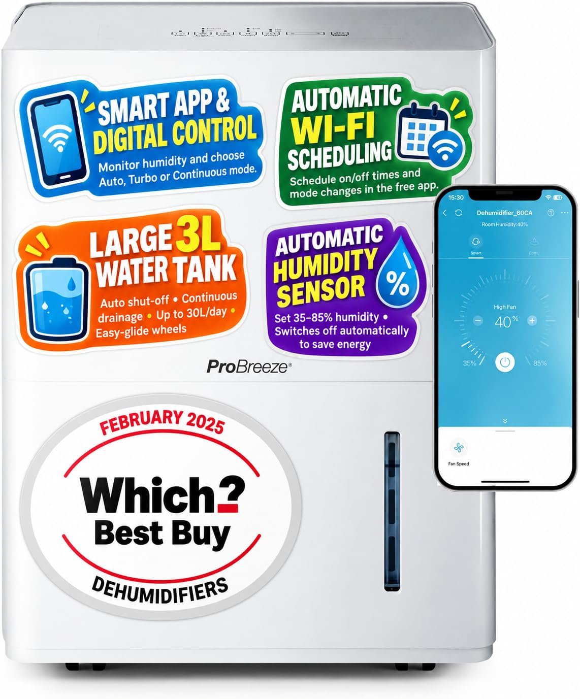 Pro Breeze® 30L/Day Smart Dehumidifier with Large 3L Water Tank for Damp & Condensation - WiFi Smart App Control, Digital Humidity Display, Continuous Drainage, 24 Hour Timer & Auto Defrost Function