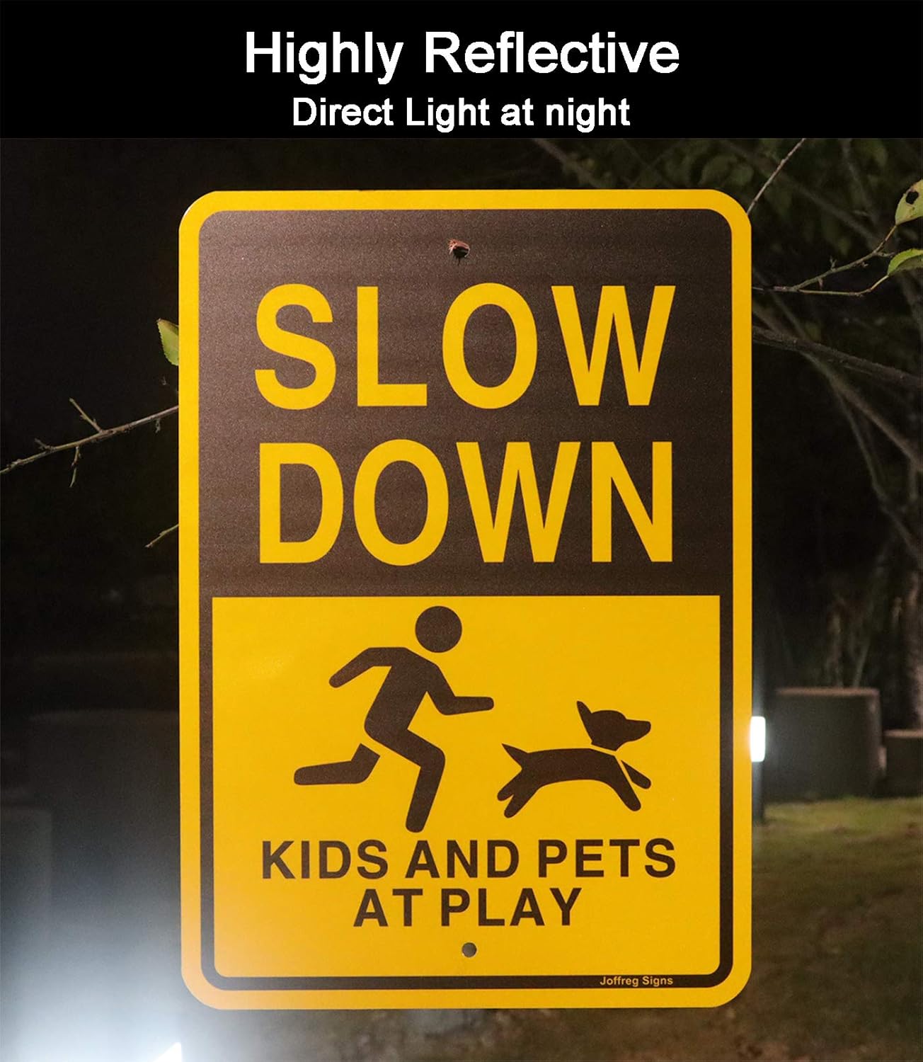 Joffreg Kids and Pets at Play,Slow Down Sign,17 x 12 Inches,Reflective Aluminum,UV Printed,Weather Resistant,Waterproof,Durable Ink,Easy to Mount,Outdoor Use (2 Pack)