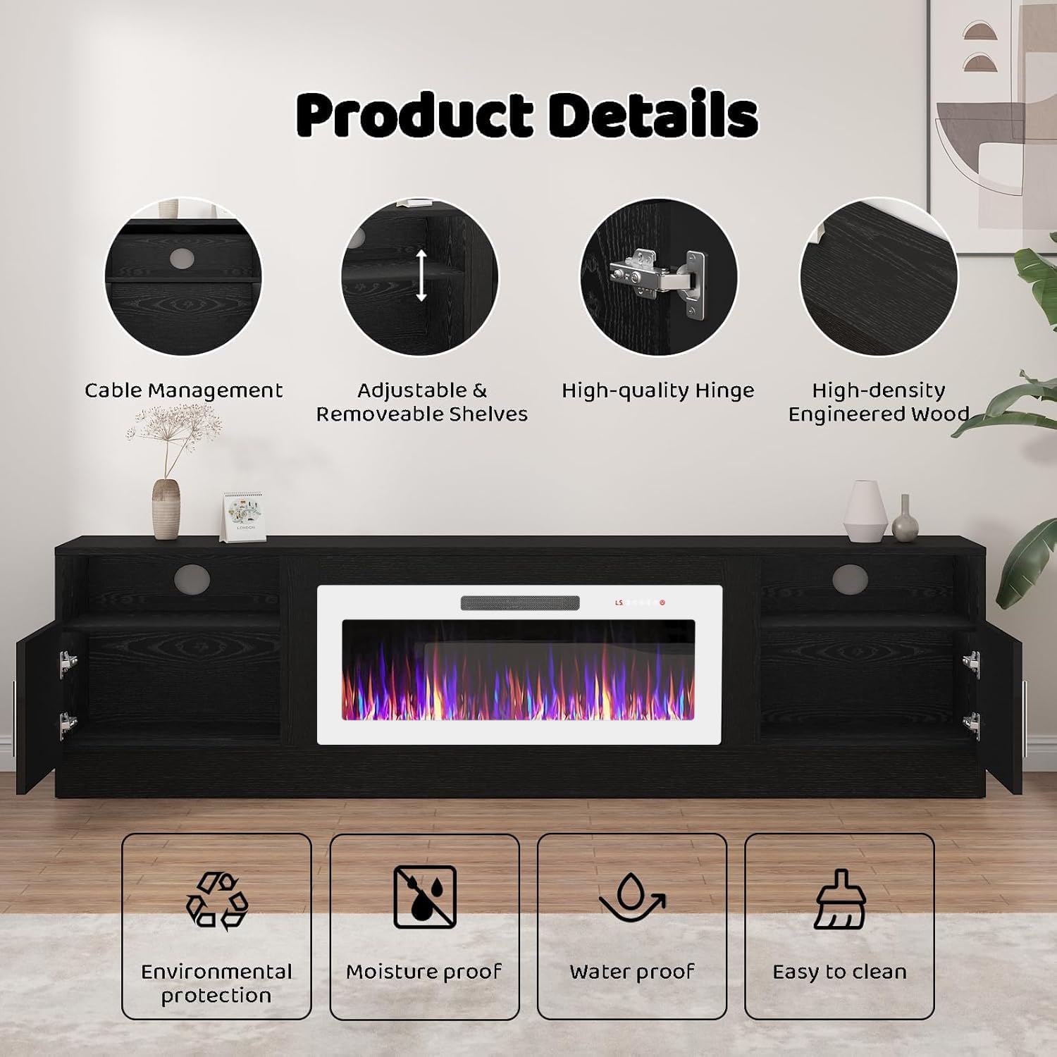 Lemberi Fireplace tv Stand with 36 inch White Fireplace Up to 90" TVs, LED Light Entertainment Center and Storage, 80" Modern Wood Media TV Console with Highlight Cabinet for Living Room (Black) thumbnail