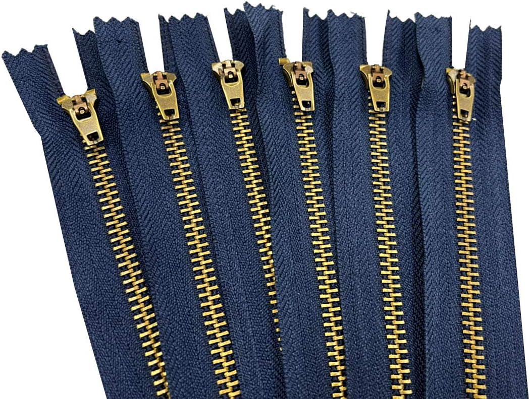 AMORNPHAN 6 pcs 6 Inch Metal Zippers Closed End #5 Navy Blue Tape Antique Brass Teeth Spring Lock Slider Heavy Duty for Jeans Denim Pockets Clothes Crafts Sewing (6")