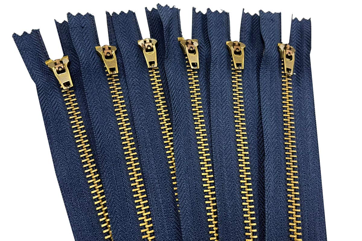 AMORNPHAN 6 pcs 7 Inch Metal Zippers Closed End #5 Navy Blue Tape Antique Brass Teeth Spring Lock Slider Heavy Duty for Jeans Denim Pockets Clothes Crafts Sewing (7