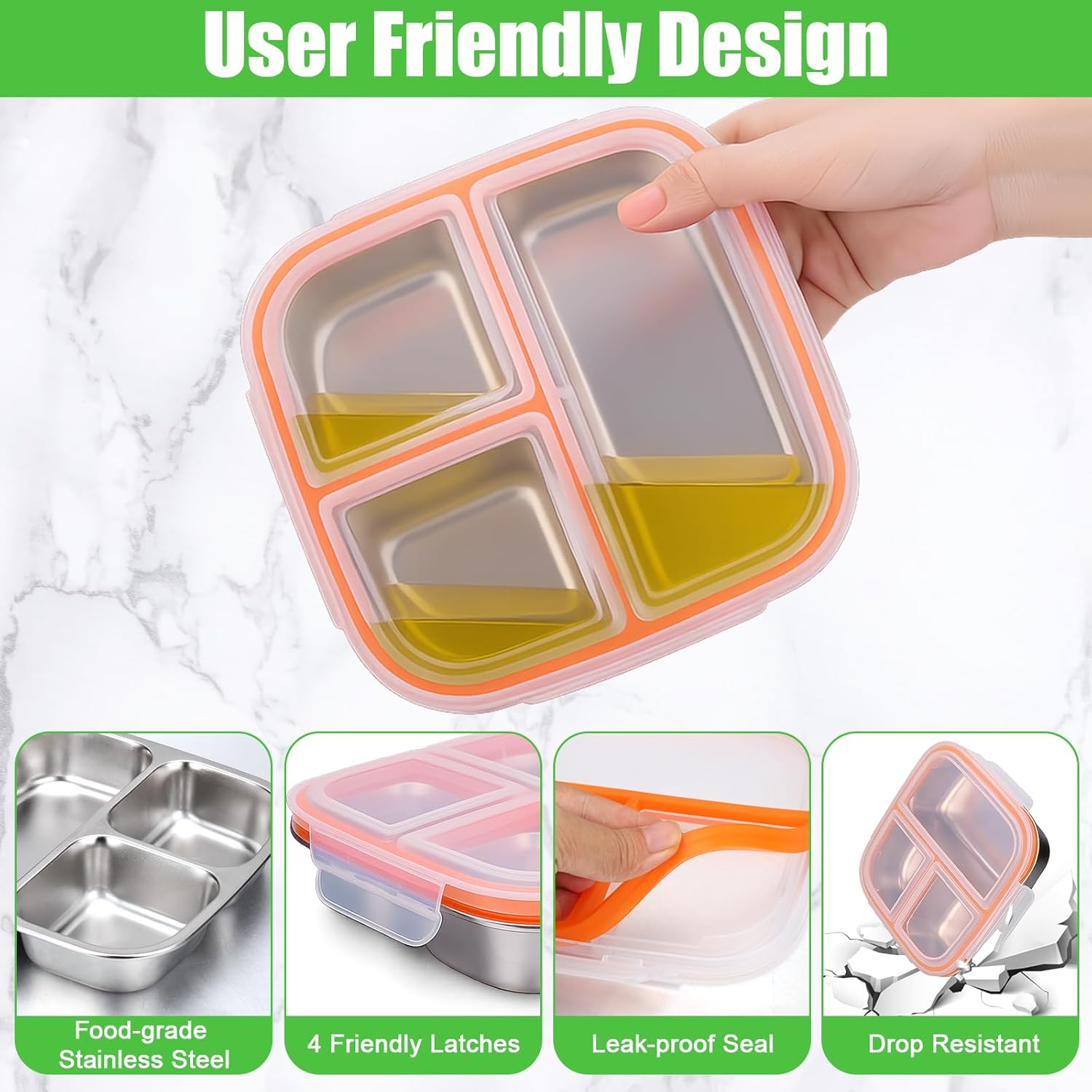 Palksky Snackle Box Container Stainless Steel, 2Pack Reusable Snack Bento Box with Lids, 3 Compartments Metal Food Storage Containers for Picnic, Travel - Image 6