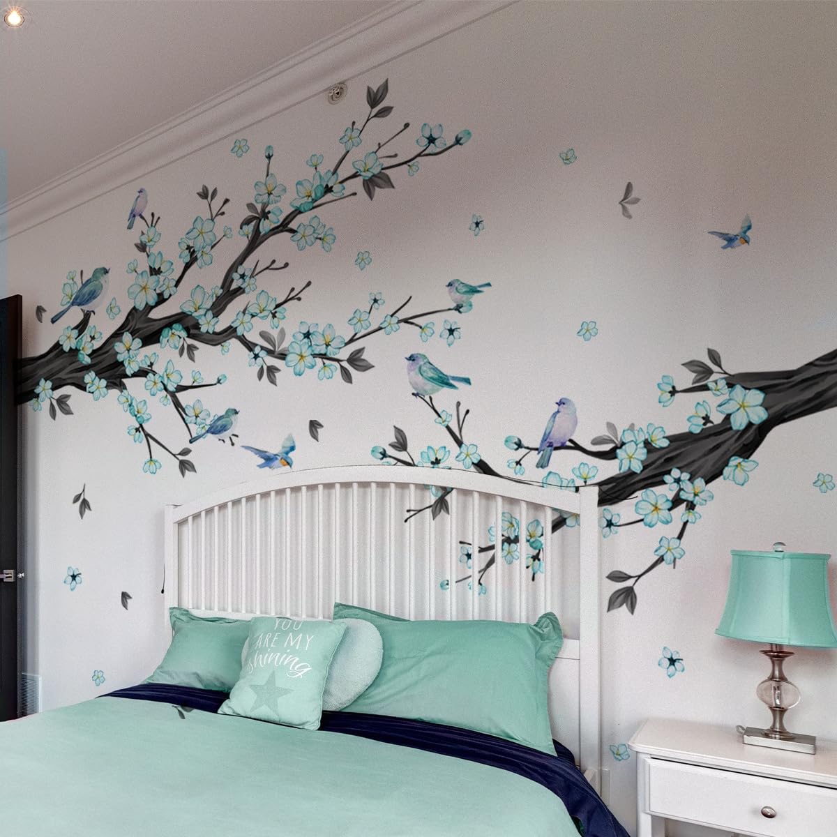 Sticker Mural Fleurs de Cerisier avec Oiseaux Grande Branche Arbre Fleurs Turquoise 194x166cm