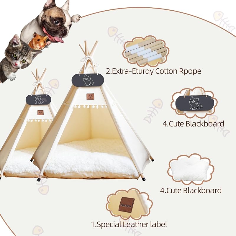 Cort pentru câini și pisici Mooipet Teepee cu pernă față-verso, culcuș detașabil și lavabil, căsuță pentru animale cu tablă de scris