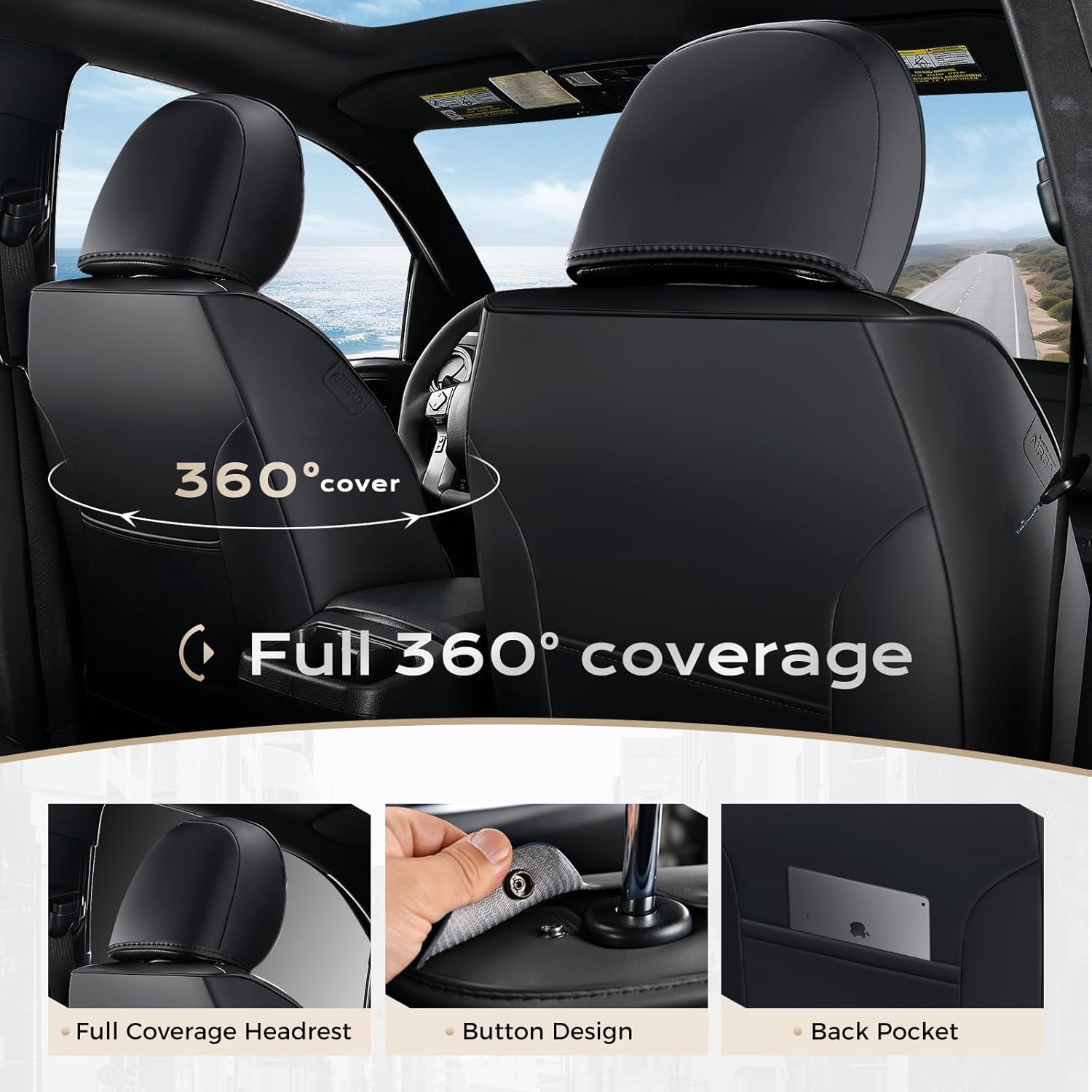 Coverado Tacoma Seat Covers Full Set, Faux Leather Custom Fit for 2005-2015 Toyota Tacoma Double/Crew Cab Base, PreRunner, SR5, Limited, TRD Sport, Front & Rear Seat Protection (Black)