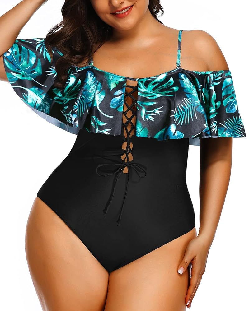 Cheap plus size off the shoulder swimsuit Cheap Sale Aqua Eve Women Plus Size One Piece Off Shoulder Swimsuits Lace Up Tummy Control Flounce Bathing Suits Leaf Printed and Black 22 Plus Amazon Clothing Shoes Accessories