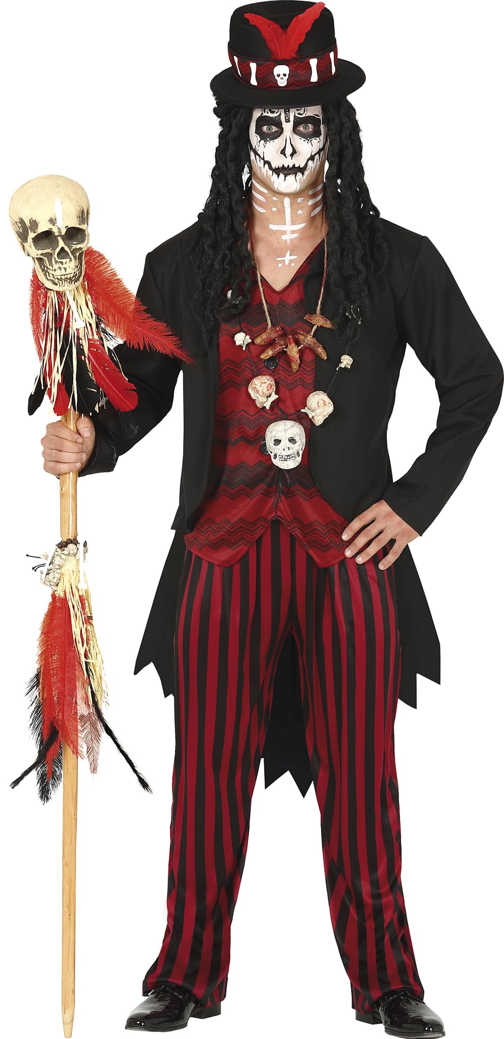 FIESTAS GUIRCA | Disfraz de Chamán Voodoo Adulto (54-56/XL) - Chaleco, Chaqueta, Gorro y Pantalón - Disfraces de Brujo y Hechicero para Halloween, Carnaval y Fiestas de Disfraces - Negro y Rojo