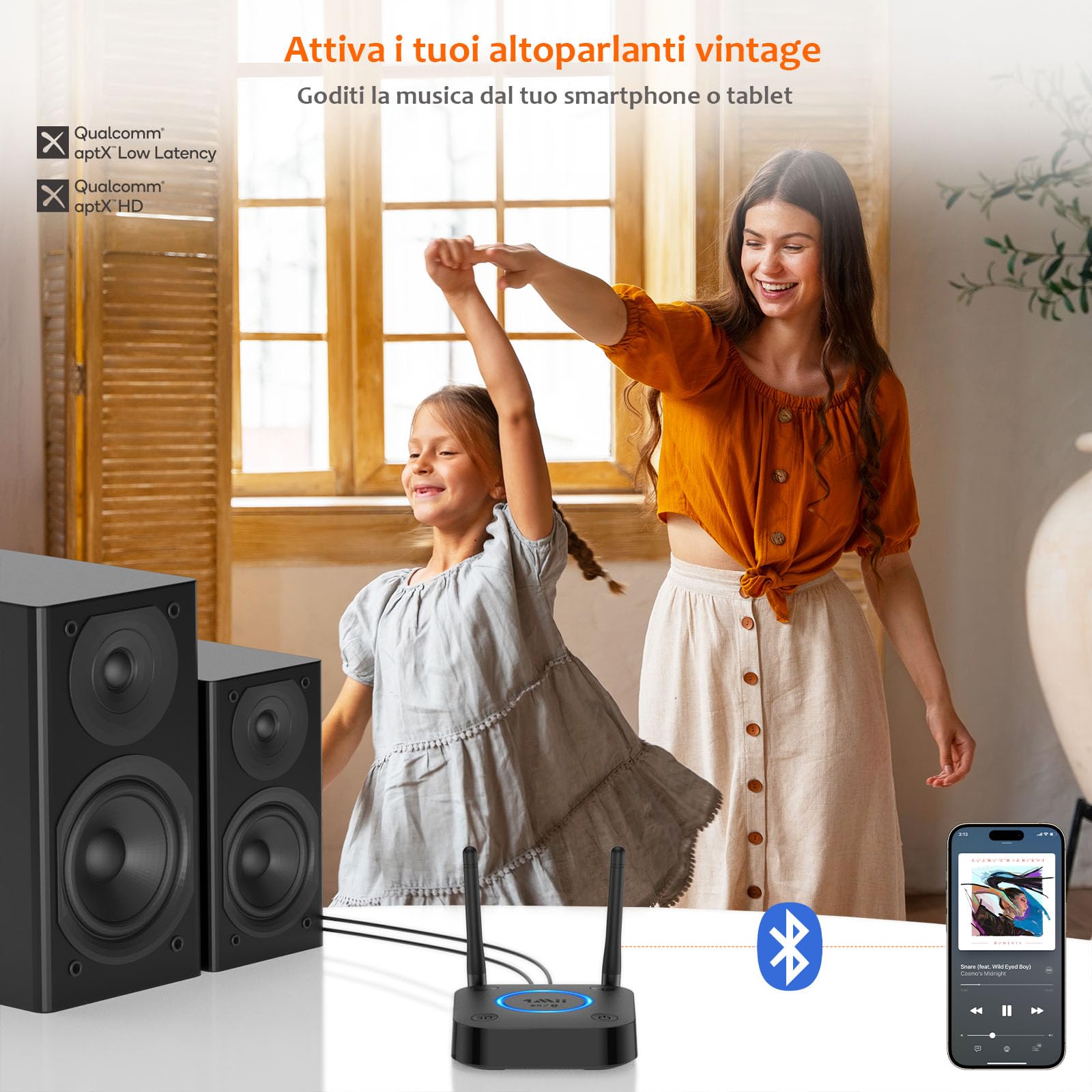 1Mii Ricevitore Bluetooth 5.3 HiFi, Adattatore Audio aptX Bassa Latenza Uscita Ottica Coassiale AUX RCA per Amplificatore