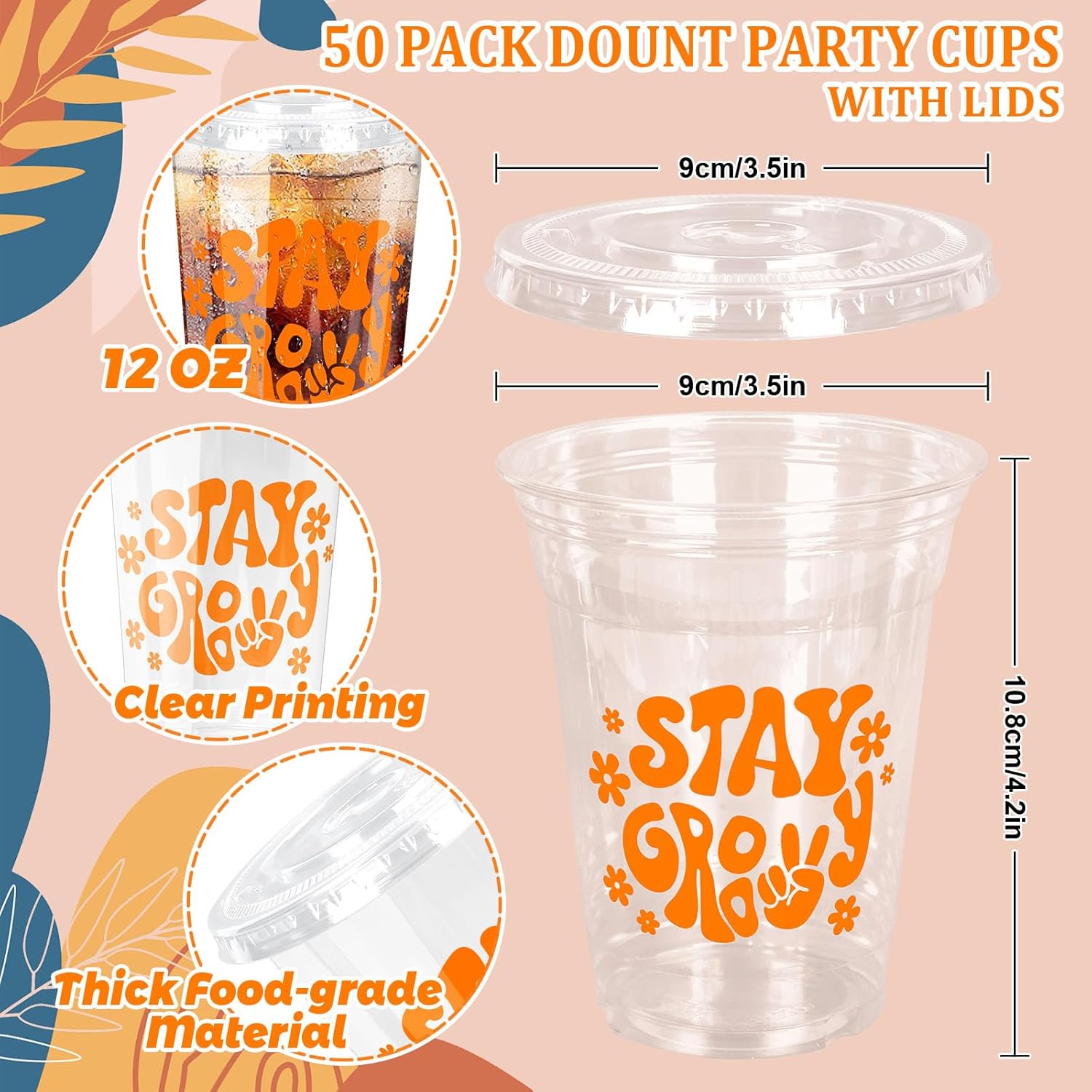 Whaline 50Pcs Boho Plastic Cups with Flat Lids 12Oz Groovy Flower Disposable Cold Beverage Clear Cups for Wedding Birthday Baby Shower - Image 2