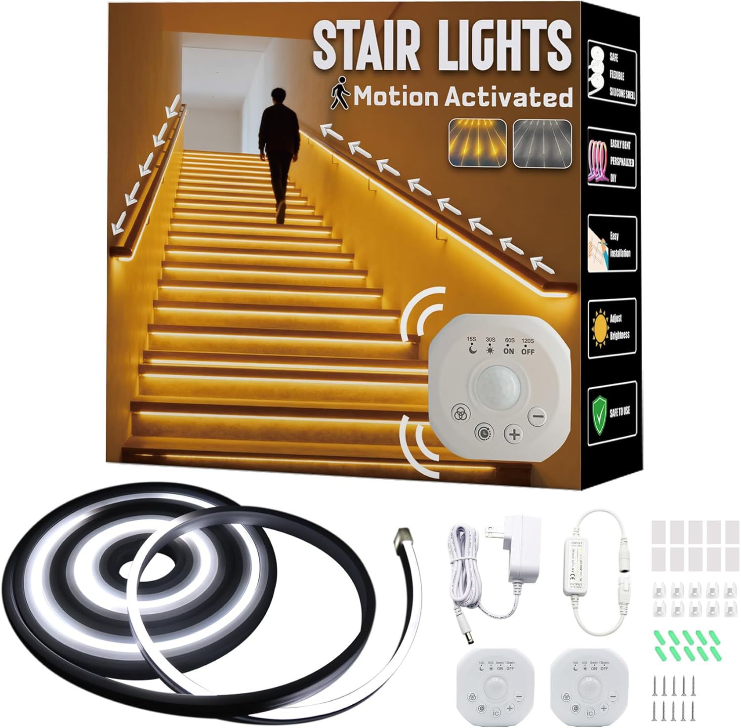 Motion Sensor Stair Lights with Chasing Effect, Smart LED Strip Lights for Stairs, Dual Sensor Indoor Step Lights, Rechargeable Neon Light Strip for Hallway, Bedroom, Under Cabinet Lighting White