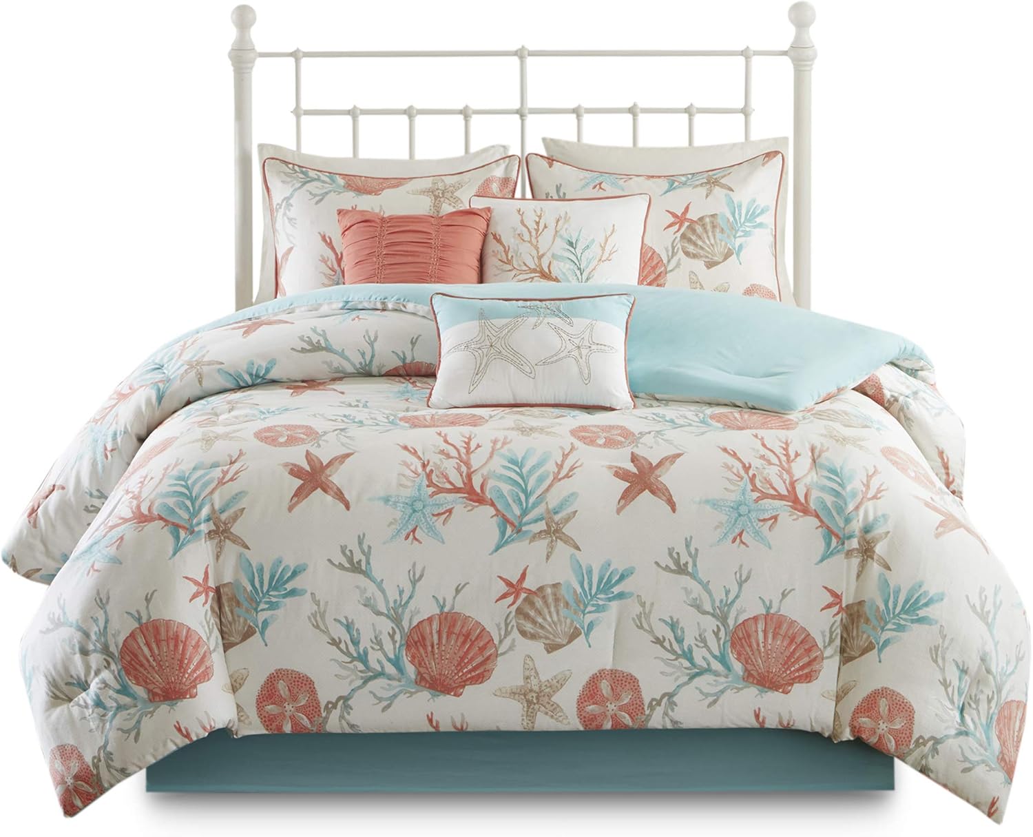 Madison Park 100% Cotton Comforter Set - Coastal Coral, Starfish Design All Season Down Alternative Cozy Bedding with Matching Shams, Decorative Pillow, Queen(90"x90"), Teal 7 Piece