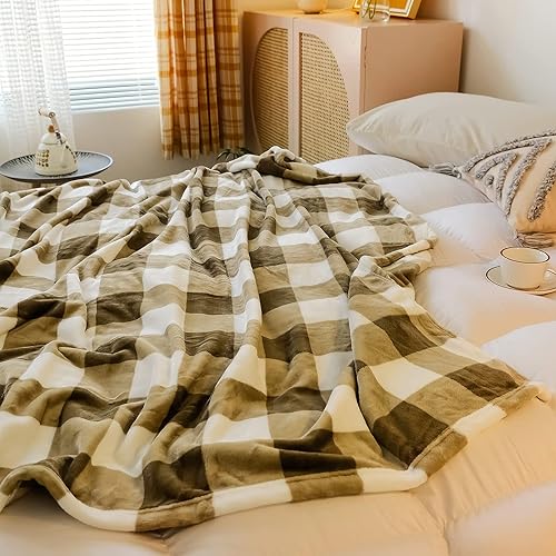 Miniatura 4 de NEWCOSPLAY Manta de lana de búfalo a cuadros, manta decorativa ligera con patrón de cuadros para cama y sofá (350 GSM-blanco verde militar, manta
